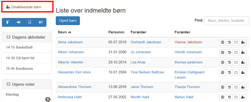 Liste over indmeldte børn