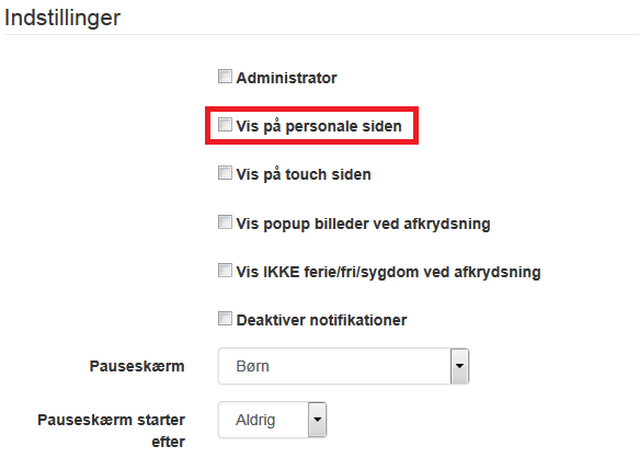 personale-indstillinger - vispåpersonale